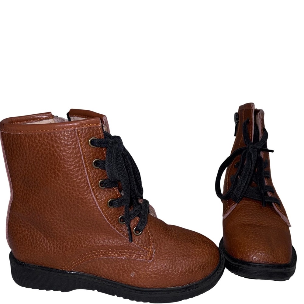 Monkey Feet Combat‎ Boots Kids 4-5Y Brown Excellent Leather Side Zip Pebbled 10